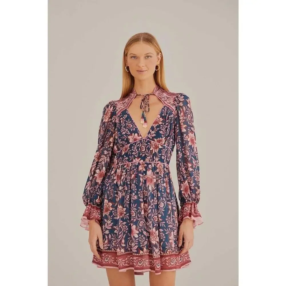 Farm Rio Teal Ainika Charm Long Sleeve Beaded Tassels Mini Dress Size Xl